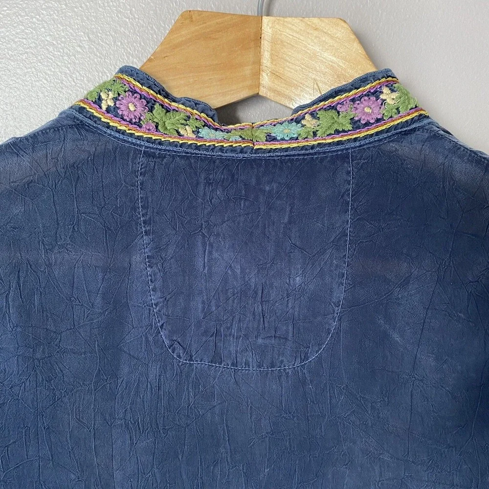 Johnny Was Navy Embroidered Dress Long Sleeve V‎ Neck Women's Size XS